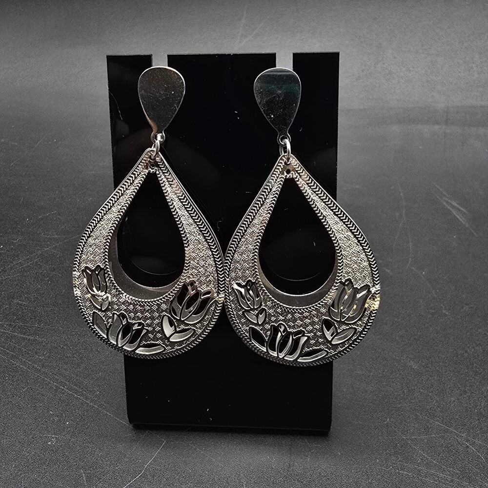Stainless Steel Flower Earrings Dangle Tear Drop Cut Out